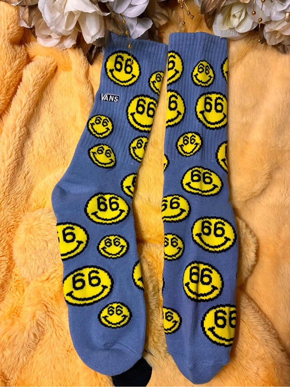 Vans Purple Crew Socks with Yellow Smiley Graphics
